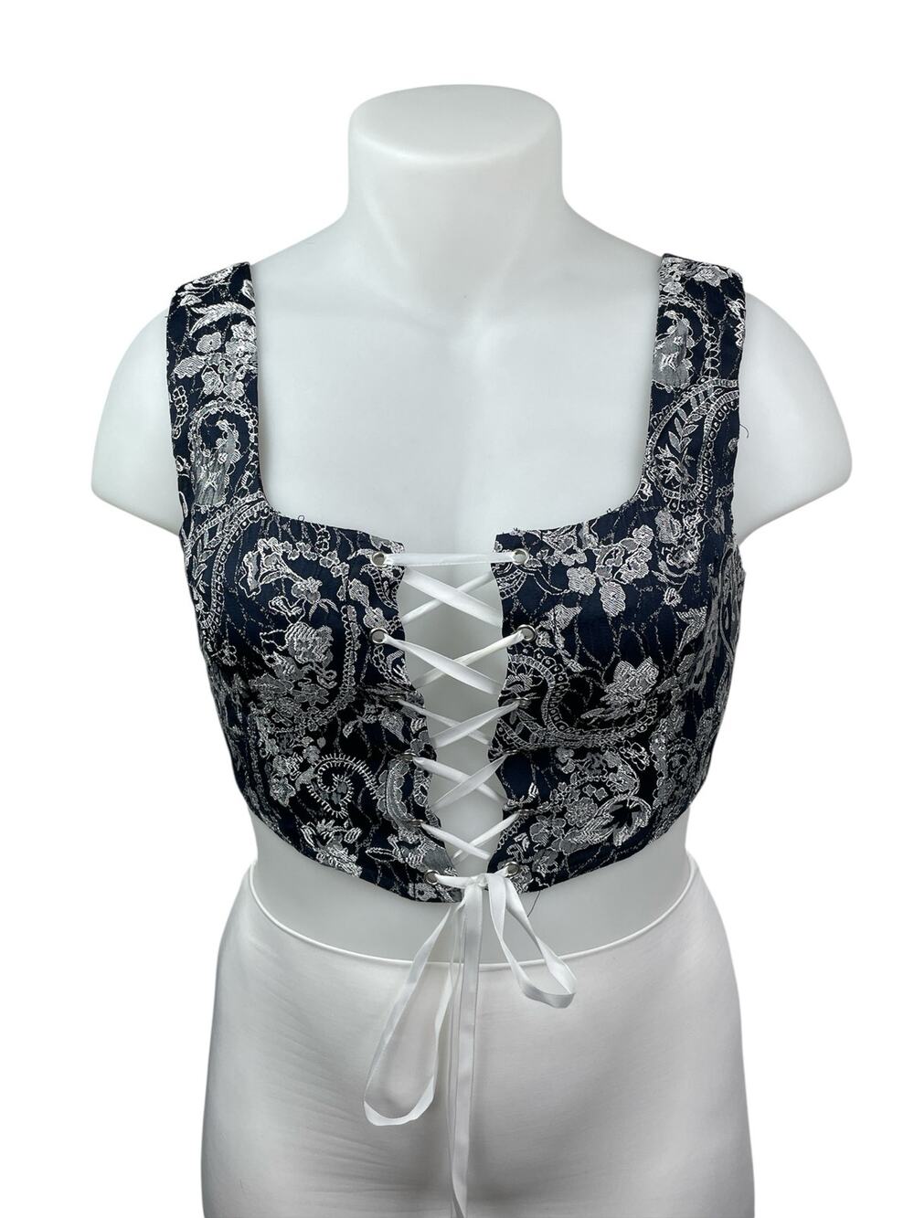 NEW Cider Black Paisley Floral Embroidered Lace Up Corset Bustier Crop Top Sz XL